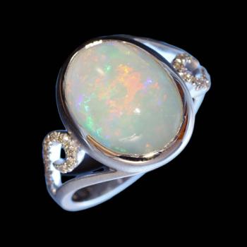 Colorful Light Opal in Matte White Gold Ring with Diamonds